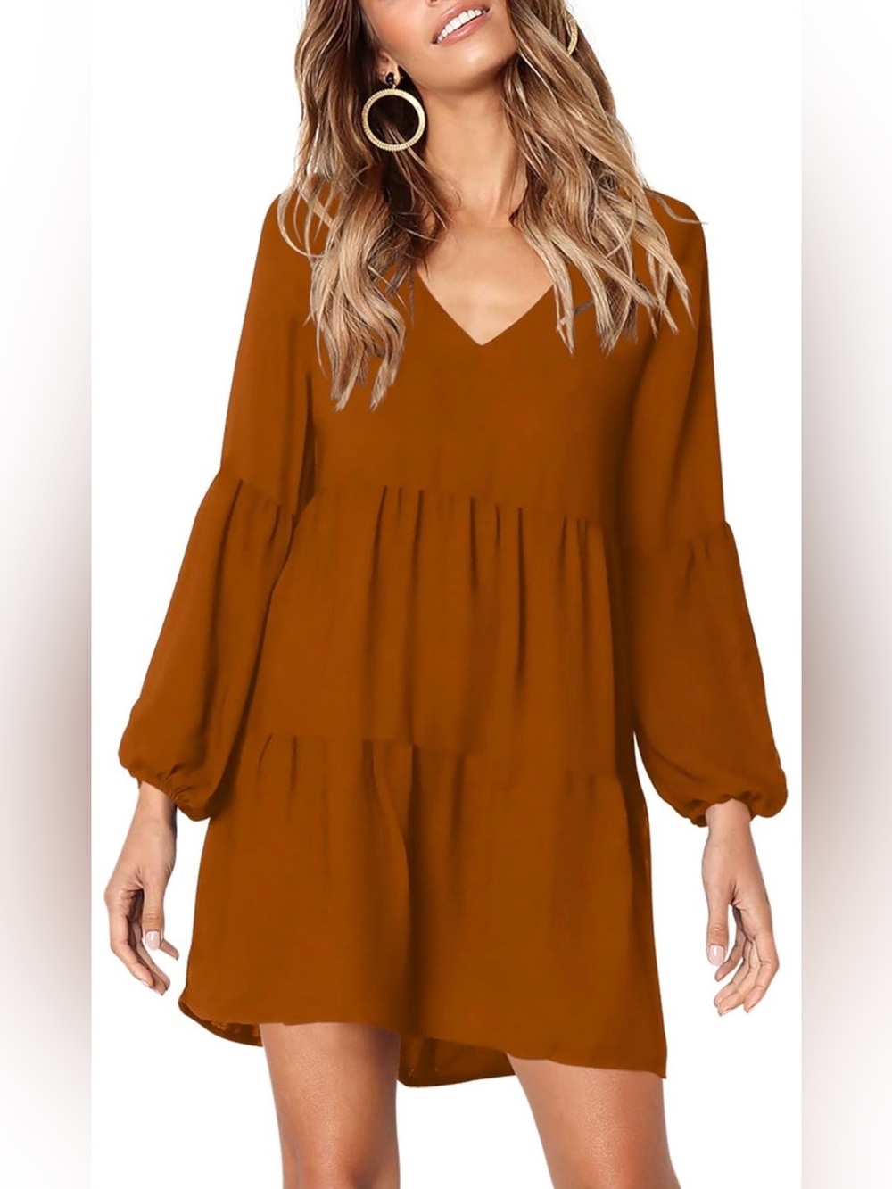 Women's V-Neck Tiered Long Sleeve Dress in Rust